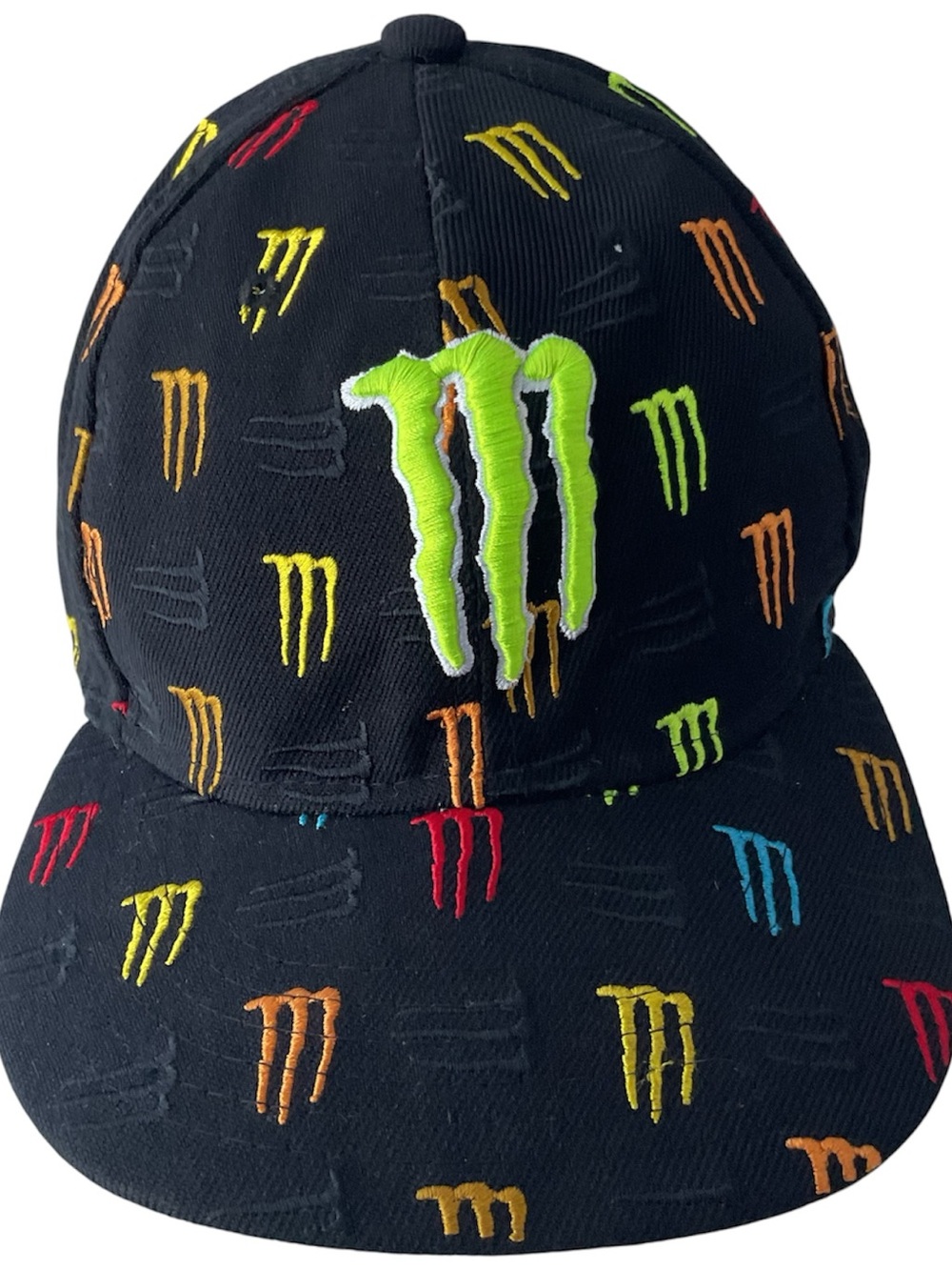 Monster Energy Drink Cap Hat Embroidered Colorful Logo Black Neon 7.5” Fitted